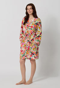 A lady wearing Rifle Paper Co. x BedHead PJs Garden Party Banded Collar Stretch Jersey Robe looking front