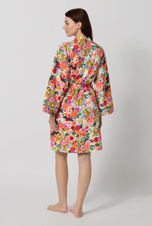A lady wearing Rifle Paper Co. x BedHead PJs Garden Party Banded Collar Stretch Jersey Robe back view