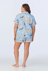 A lady wearing Ciao Capri Short Sleeve Classic Woven Cotton Poplin Shorty PJ Set