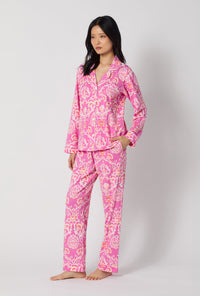 A Lady Wearing Luxe Leopard Long Sleeve Classic Stretch Jersey Pj Set posing in a side angle view
