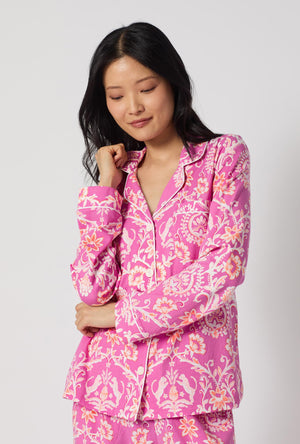 A Lady Wearing Luxe Leopard Long Sleeve Classic Stretch Jersey Pj Set facing front in a close view look