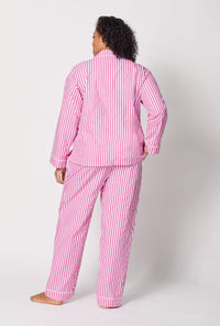 A lady wearing plus size Pink Long Sleeve Classic Woven Cotton Sateen Pj Set back view