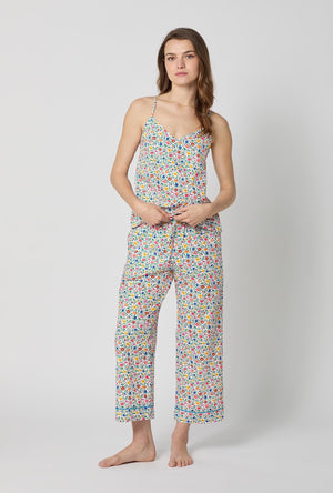 A lady wearing Multi-Color and Pink Cami Woven Cotton Poplin Cropped Pj Set front view