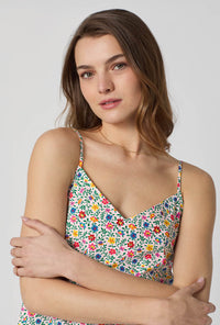 A closeup of A lady wearing Multi-Color and Pink Cami Woven Cotton Poplin Cropped Pj Set