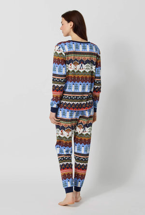 A lady wearing Rifle Paper Co. x BedHead PJs Ski Chalet Long Sleeve Pullover Crew And Jogger Stretch Jersey Pj Set back view