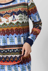 A lady wearing Rifle Paper Co. x BedHead PJs Ski Chalet Long Sleeve Pullover Crew And Jogger Stretch Jersey Pj Set closer look