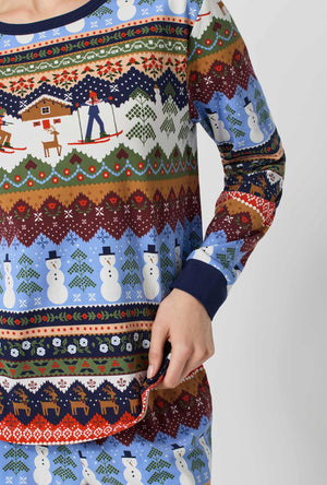A lady wearing Rifle Paper Co. x BedHead PJs Ski Chalet Long Sleeve Pullover Crew And Jogger Stretch Jersey Pj Set closer look