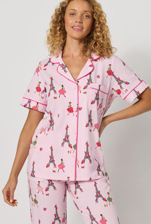 Tres Chic Short Sleeve Classic Stretch Jersey Cropped PJ Set