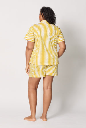 A lady wearing plus size Yellow Short Sleeve Classic Shorty Woven Cotton Sateen Pj Set back view