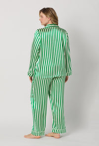 A lady wearing plus size Green and White Long Sleeve Classic Washable Silk Pj Set back view