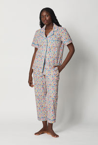 A lady wearing Multi-Color and Pink Short Sleeve Classic Woven Cotton Poplin Cropped Pj Set side view