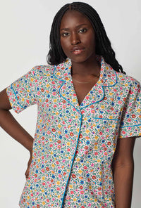 A closeup of A lady wearing Multi-Color and Pink Short Sleeve Classic Woven Cotton Poplin Cropped Pj Set
