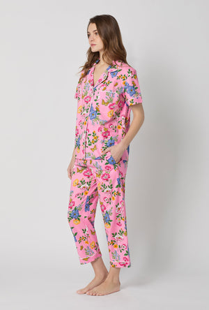 A lady wearing Pink Short Sleeve Classic Woven Cotton Poplin Cropped Pj Set side view