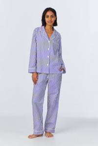A lady wearing Navy 3D Stripe Long Sleeve Classic Woven Cotton Sateen Long PJ Set