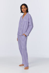 A lady wearing Navy 3D Stripe Long Sleeve Classic Woven Cotton Sateen Long PJ Set
