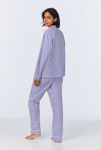 A lady wearing Navy 3D Stripe Long Sleeve Classic Woven Cotton Sateen Long PJ Set