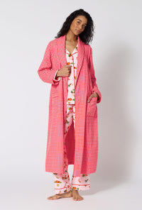 A lady wearing Jane Gingham Unisex Classic Woven Portuguese Flannel Robe De Chambre