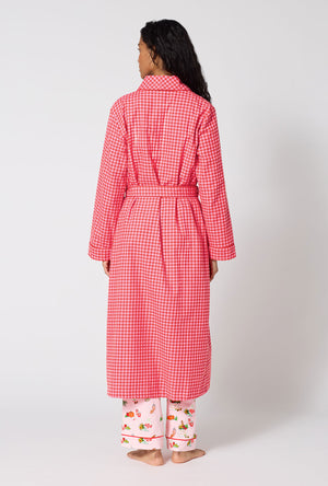 A lady wearing Jane Gingham Unisex Classic Woven Portuguese Flannel Robe De Chambre back view