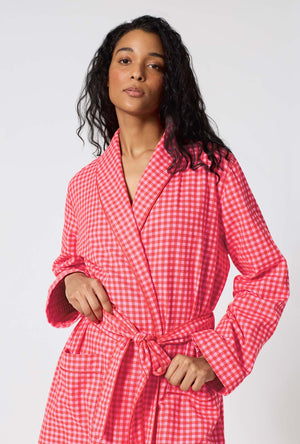 A lady wearing Jane Gingham Unisex Classic Woven Portuguese Flannel Robe De Chambre closer look