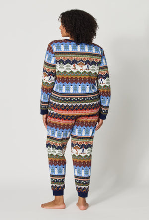 A lady wearing plus size Rifle Paper Co. x BedHead PJs Ski Chalet Long Sleeve Pullover Crew And Jogger Stretch Jersey Pj Set back view