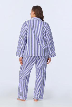 A lady wearing Navy 3D Stripe Long Sleeve Classic Woven Cotton Sateen Long PJ Set