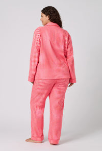 A lady wearing plus size Jane Gingham Long Sleeve Classic Woven Portuguese Flannel Pj Set back view