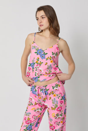 A closeup of A lady wearing Pink Cami Woven Cotton Poplin Cropped Pj Set