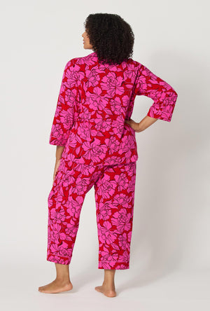 A lady wearing plus size Isabella Flora 3/4 Sleeve Classic Stretch Jersey Cropped Pj Set back view