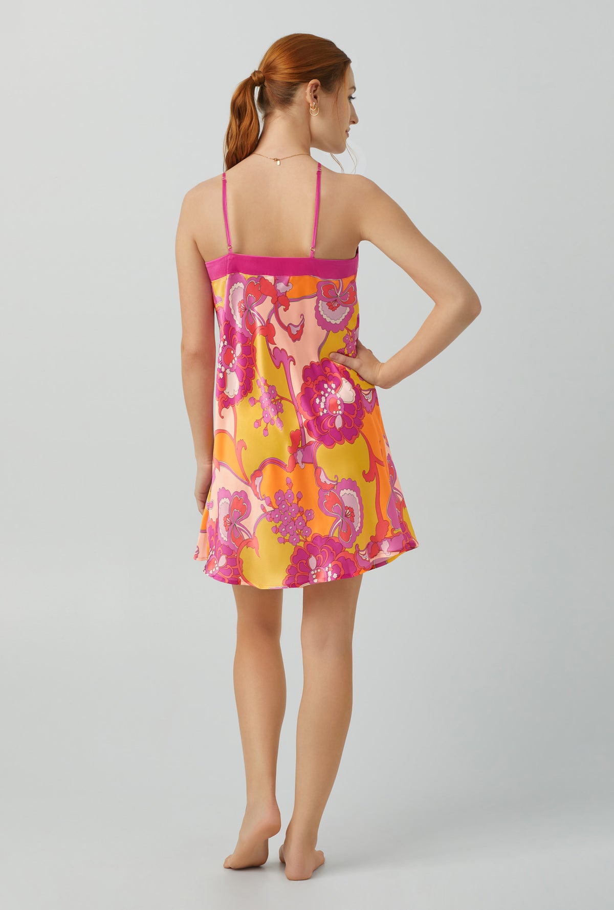 A lady wearing Silk Satin Chemise with apache bloom print
