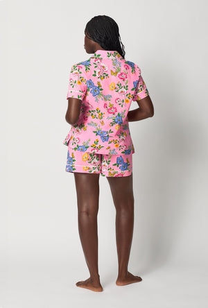 A lady wearing Pink Short Sleeve Classic Woven Cotton Poplin Shorty Pj Set back view