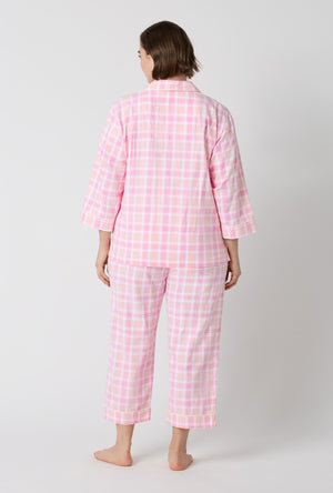 A lady wearing plus size Prairie Plaid 3/4 Sleeve Classic Woven Portuguese Flannel Cropped Pj Set back view