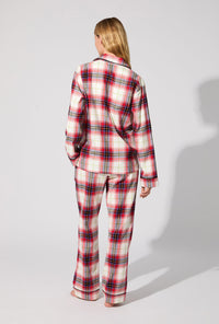 A lady wearing Equestrian Plaid Long Sleeve Classic Woven Portuguese Flannel PJ Set