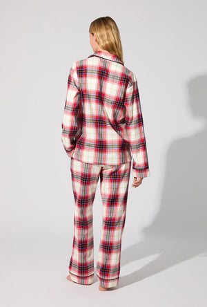 A lady wearing Equestrian Plaid Long Sleeve Classic Woven Portuguese Flannel PJ Set