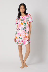 A Lady Wearing Tropical Daydream Stretch Jersey T-shirt Sleep Dress