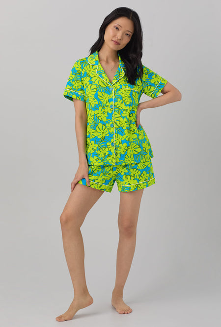 A lady wearing Short Sleeve Classic Shorty Stretch Jersey PJ Set with palm leaves print