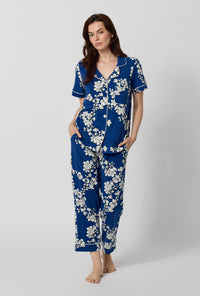 Navy Shadow Blossom Short Sleeve Cropped Stretch Jersey PJ Set