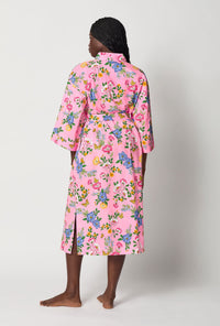 A lady wearing Pink Woven Cotton Poplin Kimono Robe back view