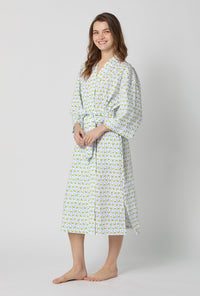 A lady with a smile wearing White Woven Cotton Poplin Kimono Robe front view