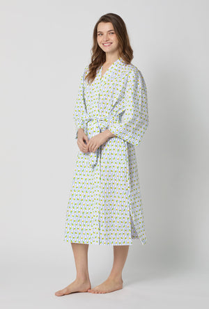 A lady with a smile wearing White Woven Cotton Poplin Kimono Robe front view