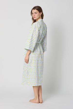 A lady wearing White Woven Cotton Poplin Kimono Robe side view