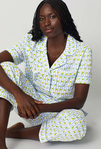 A closeup of A lady wearing White Short Sleeve Classic Woven Cotton Poplin Cropped Pj Set
