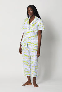 A lady wearing White Short Sleeve Classic Woven Cotton Poplin Cropped Pj Set side view
