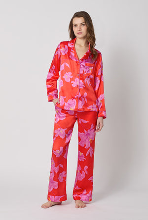 A lady wearing Red Long Sleeve Classic Washable Silk Pj Set front view