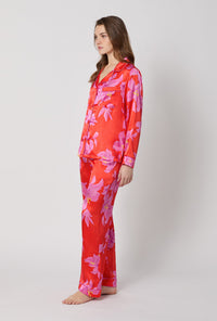 A lady wearing Red Long Sleeve Classic Washable Silk Pj Set side view