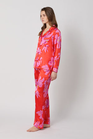 A lady wearing Red Long Sleeve Classic Washable Silk Pj Set side view
