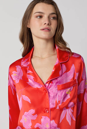 A closeup of A lady wearing Red Long Sleeve Classic Washable Silk Pj Set