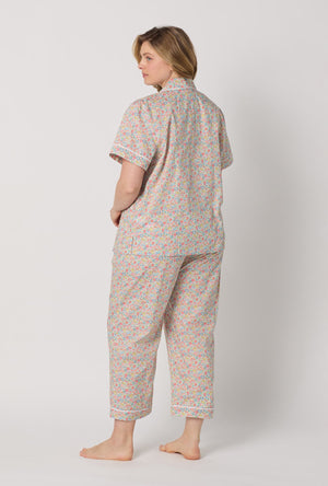 A lady wearing plus size Emma & Georgina Short Sleeve Classic Woven Tana Lawn® Cropped Pj Set Made With Liberty Fabric back view