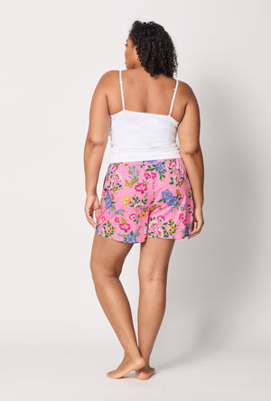 A lady wearing Pink Woven Cotton Poplin plus size Boxer Short back view