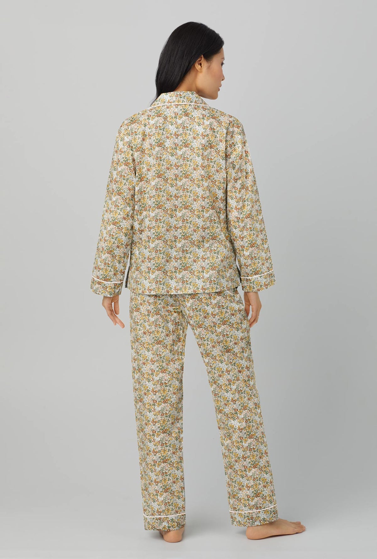 A lady wearing green  Long Sleeve Classic Woven PJ Set with Penstemon print