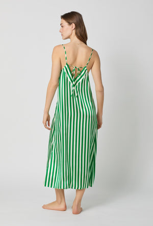 A lady wearing Green and White Woven Washable Silk Chemise back view